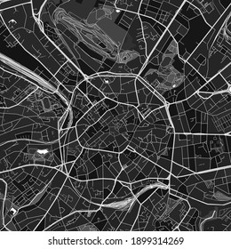 Dark vector art map of Aachen, North Rhine-Westphalia, Germany with fine grays for urban and rural areas. The different shades of gray in the Aachen  map do not follow any particular pattern.