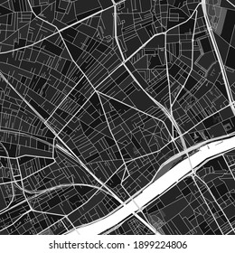 Dunkle Vektorgrafik von Asnieres-sur-Seine, Hauts-de-Seine, Frankreich mit feinen Grau für städtische und ländliche Gebiete. Die verschiedenen Grau-Farbtöne auf der Karte von Asnieres-sur-Seine folgen keinem Muster.