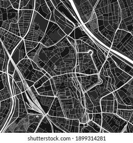 Dark vector art map of Augsburg, Bavaria, Germany with fine grays for urban and rural areas. The different shades of gray in the Augsburg  map do not follow any particular pattern.