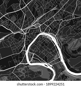 Dark vector art map of Besancon, Doubs, France with fine grays for urban and rural areas. The different shades of gray in the Besancon  map do not follow any particular pattern.