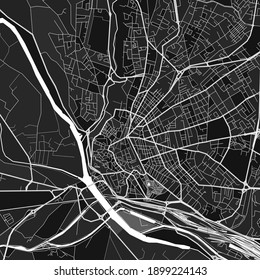 Mapa oscuro de arte vectorial de Beziers, Hérault, Francia con finos grises para áreas urbanas y rurales. Los diferentes tonos de gris en el mapa de Beziers no siguen ningún patrón en particular.
