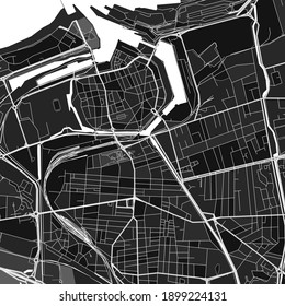 Dark vector art map of Calais, Pas-de-Calais, France with fine grays for urban and rural areas. The different shades of gray in the Calais  map do not follow any particular pattern.