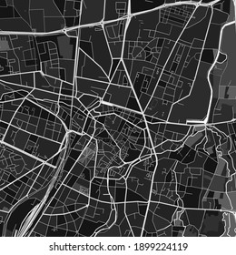 Dark vector art map of Colmar, Haut-Rhin, France with fine grays for urban and rural areas. The different shades of gray in the Colmar  map do not follow any particular pattern.