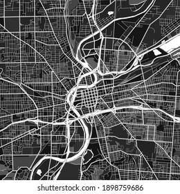 Mapa de arte vector oscuro de Dayton, Ohio, Estados Unidos con gradaciones grises finas para áreas urbanas y rurales. Los diferentes tonos grises del mapa de Dayton no siguen ningún patrón en particular.