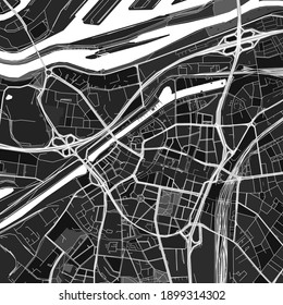 Dark vector art map of Duisburg, North Rhine-Westphalia, Germany with fine grays for urban and rural areas. The different shades of gray in the Duisburg  map do not follow any particular pattern.