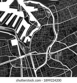 Dark vector art map of Dunkirk, Nord, France with fine grays for urban and rural areas. The different shades of gray in the Dunkirk  map do not follow any particular pattern.