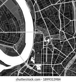 Dark vector art map of Dusseldorf, North Rhine-Westphalia, Germany with fine grays for urban and rural areas. The different shades of gray in the Dusseldorf  map do not follow any particular pattern.