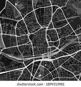 Mapa de arte vector oscuro de Essen, Renania del Norte-Westfalia, Alemania con grises finos para áreas urbanas y rurales. Los diferentes tonos de gris del mapa de Essen no siguen ningún patrón particular.