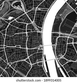 Dark vector art map of Koln, North Rhine-Westphalia, Germany with fine grays for urban and rural areas. The different shades of gray in the Koln  map do not follow any particular pattern.