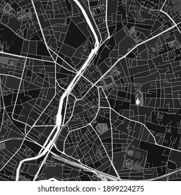 Dark vector art map of LeMans, Sarthe, France with fine grays for urban and rural areas. The different shades of gray in the LeMans  map do not follow any particular pattern.