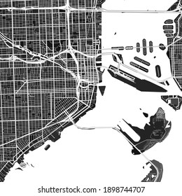 Dark vector art map of Miami, Florida, UnitedStates with fine gray gradations for urban and rural areas. The different shades of gray in the Miami  map do not follow any particular pattern.