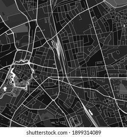 Dark vector art map of Moers, North Rhine-Westphalia, Germany with fine grays for urban and rural areas. The different shades of gray in the Moers  map do not follow any particular pattern.