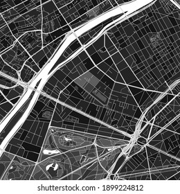 Dunkle Vektorgrafik von Neuilly-sur-Seine, Hauts-de-Seine, Frankreich mit feinen Grau für städtische und ländliche Gebiete. Die verschiedenen Grau-Farbtöne in der Neuilly-sur-Seine-Karte folgen keinem Muster.