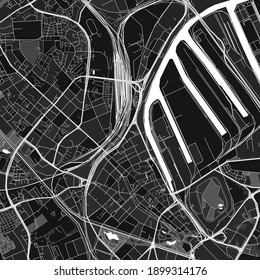 Dark vector art map of Neuss, North Rhine-Westphalia, Germany with fine grays for urban and rural areas. The different shades of gray in the Neuss  map do not follow any particular pattern.