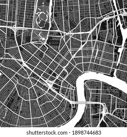 Mapa de arte vector oscuro de Nueva Orleans, Luisiana, Estados Unidos con gradaciones grises finas para áreas urbanas y rurales. Los diferentes tonos de gris en el mapa de Nueva Orleans no siguen ningún patrón.