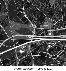 Dark vector art map of Oberhausen, North Rhine-Westphalia, Germany with fine grays for urban and rural areas. The different shades of gray in the Oberhausen  map do not follow any particular pattern.