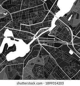 Dark vector art map of Potsdam, Brandenburg, Germany with fine grays for urban and rural areas. The different shades of gray in the Potsdam  map do not follow any particular pattern.