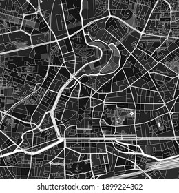 Dark vector art map of Rennes, Ille-et-Vilaine, France with fine grays for urban and rural areas. The different shades of gray in the Rennes  map do not follow any particular pattern.