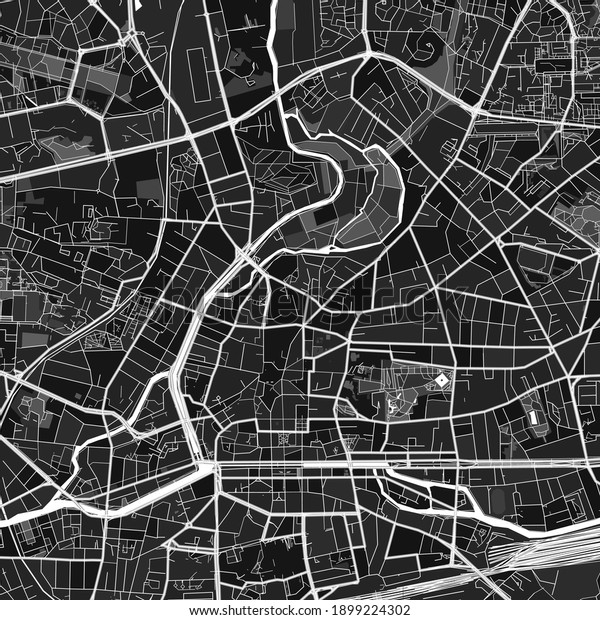 Dark\
vector art map of Rennes, Ille-et-Vilaine, France with fine grays\
for urban and rural areas. The different shades of gray in the\
Rennes  map do not follow any particular\
pattern.