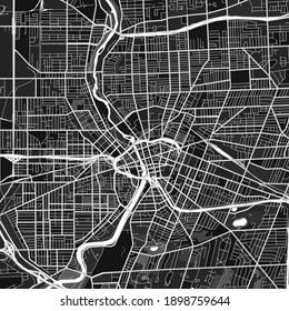 Dunkle Vektorgrafik von Rochester, New York, Vereinigte Staaten mit feinen grauen Graden für städtische und ländliche Gebiete. Die verschiedenen Grau-Farbtöne in der Rochester-Karte folgen keinem bestimmten Muster.