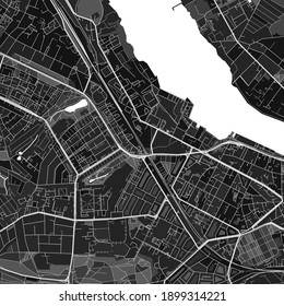 Dark vector art map of Rostock, Mecklenburg-Western Pomerania, Germany with fine grays for urban and rural areas. The different shades of gray in the Rostock  map do not follow any particular pattern.