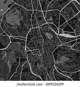 Mapa de arte vector oscuro de Saint-Etienne, Loire, Francia con finos grises para áreas urbanas y rurales. Los diferentes tonos grises del mapa de Saint-Etienne no siguen ningún patrón particular.