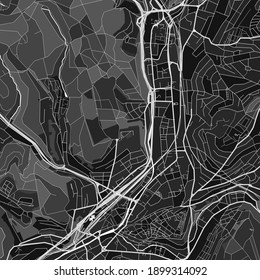 Dark vector art map of Siegen, North Rhine-Westphalia, Germany with fine grays for urban and rural areas. The different shades of gray in the Siegen  map do not follow any particular pattern.