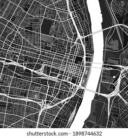 Mapa de arte vector oscuro de St-Louis, Missouri, Estados Unidos con gradaciones grises finas para áreas urbanas y rurales. Los diferentes tonos grises del mapa de St-Louis no siguen ningún patrón particular.