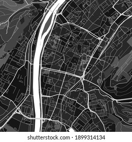 Mapa de arte vector oscuro de Trier, Rheinland-Pfalz, Alemania con grises finos para áreas urbanas y rurales. Los diferentes tonos de gris en el mapa de Trier no siguen ningún patrón en particular.