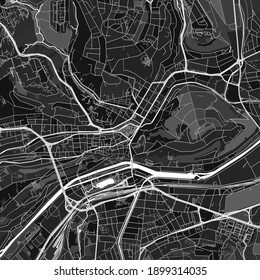 Dark vector art map of Tubingen, Baden-Wuerttemberg, Germany with fine grays for urban and rural areas. The different shades of gray in the Tubingen  map do not follow any particular pattern.