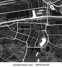 Dunkle Vektorgrafik von Wolfsburg, Niedersachsen, Deutschland mit feinem Grau für städtische und ländliche Gebiete. Die verschiedenen Grautöne in der Wolfsburger Landkarte folgen keinem bestimmten Muster.