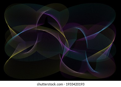 Dark vector background of abstract linear ultrathin shapes with transition effect. Yellow, pink, blue on dark.
