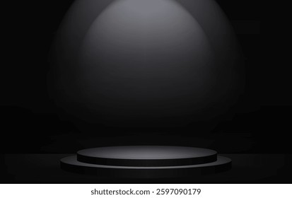 Dark vector background with black empty podium and spotlight