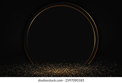 Dark vector background with black empty podium , golden dust and shining circle arch