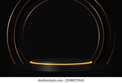 Dark vector background with black empty podium and golden circle arch