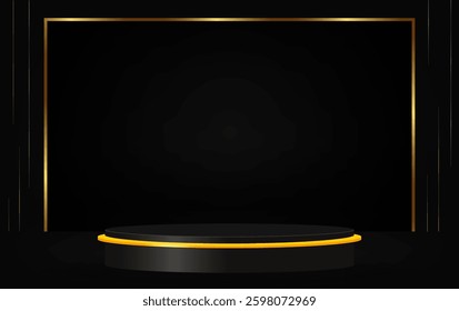 Dark vector background with black empty podium and golden lines and rectangle circle arch