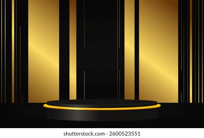 Dark vector background with black empty podium and golden lines