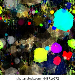 Dark vector background with color inclusion. Strokes, spots, hatching squares mix random. Seamless texture for fabric, wrapping, home decor.
