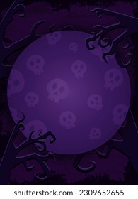 Dark vector background with creepy curves tree branches silhouette and round skull textured banner
