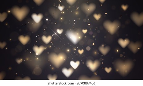 Dark vector background with falling golden hearts with blur effect