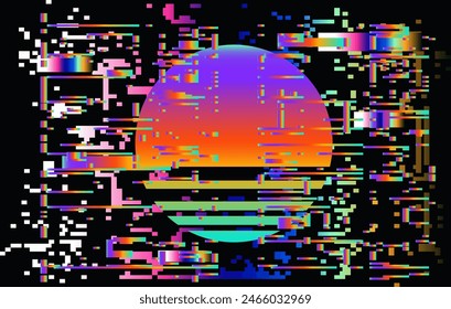 Fondo de Vector oscuro con efectos de arte glitch y parpadeos de arco iris. Imagen Abstractas en colores vivos y vibrantes.