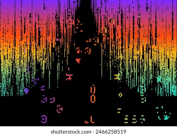 Fondo de Vector oscuro con efectos de arte glitch y parpadeos de arco iris. Imagen Abstractas en colores vivos y vibrantes.