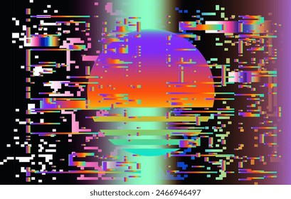 Fondo de Vector oscuro con efectos de arte glitch y parpadeos de arco iris. Imagen Abstractas en colores vivos y vibrantes.