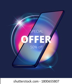 dark vector background with sparkling rainbow circle and mobile phone