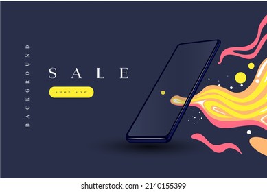 Dark vector banner with smartphone and acid yellow liquid on the gray background