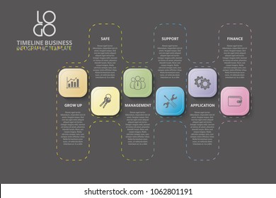 Dark vector business template with 6 section info, steps, options or processes. Can be used for timeline, workflow, research, strategy.