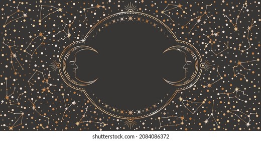 Fondo celeste vector oscuro con un espacio de copia. Ornate brillante marco dorado con constelaciones de zodiaco, estrellas, centavos mágicos con caras y lugar para el texto sobre un negro. Plantilla de tarjeta festiva