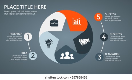 Dark vector circle arrows infographic, cycle diagram, star graph, favorite presentation chart. Business slide template with 5 options, parts, steps, processes. Celebrity infographics concept.