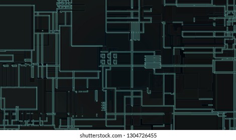 Dark vector circuit board with green neon lines. Abstract background