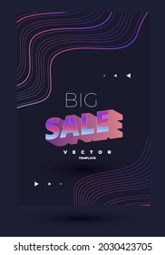 dark vector design for flyer with thin wavy lines and arrows and neon volumetric lettering sale on the black backdrop